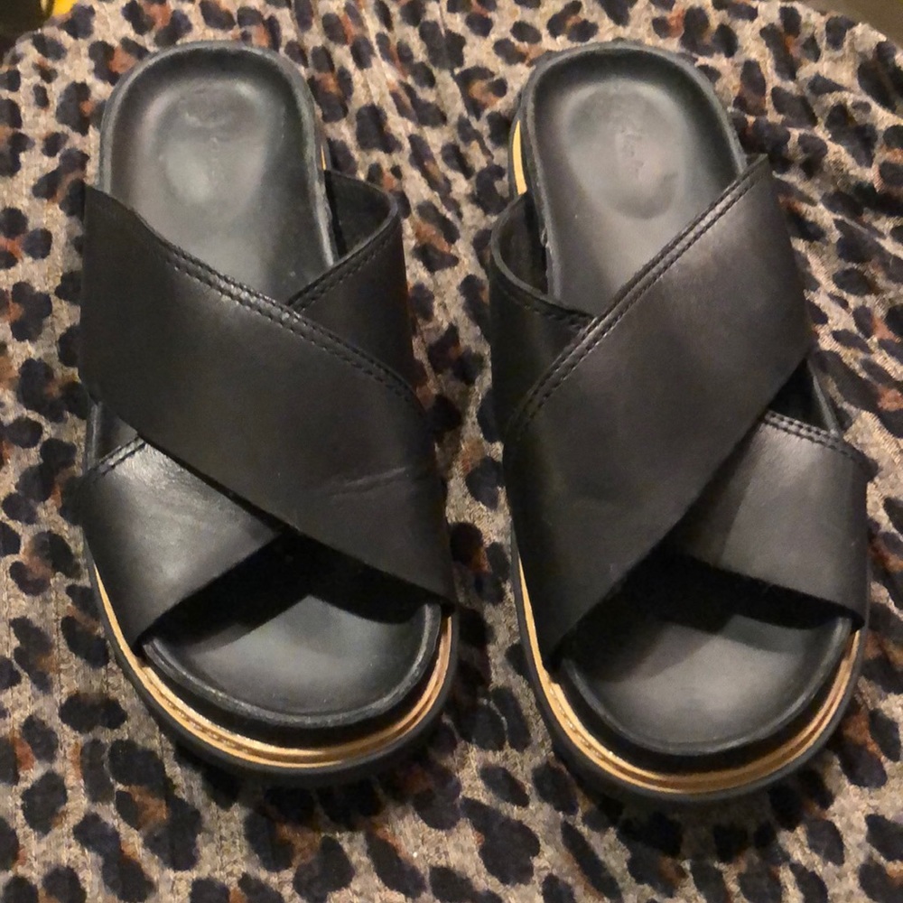 Black Leather Clark Slides